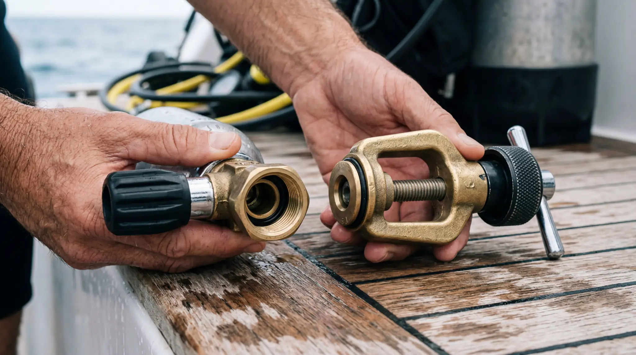 Divemaster's hands holding a DIN and A-clamp cylinder connection side by side on a boat deck