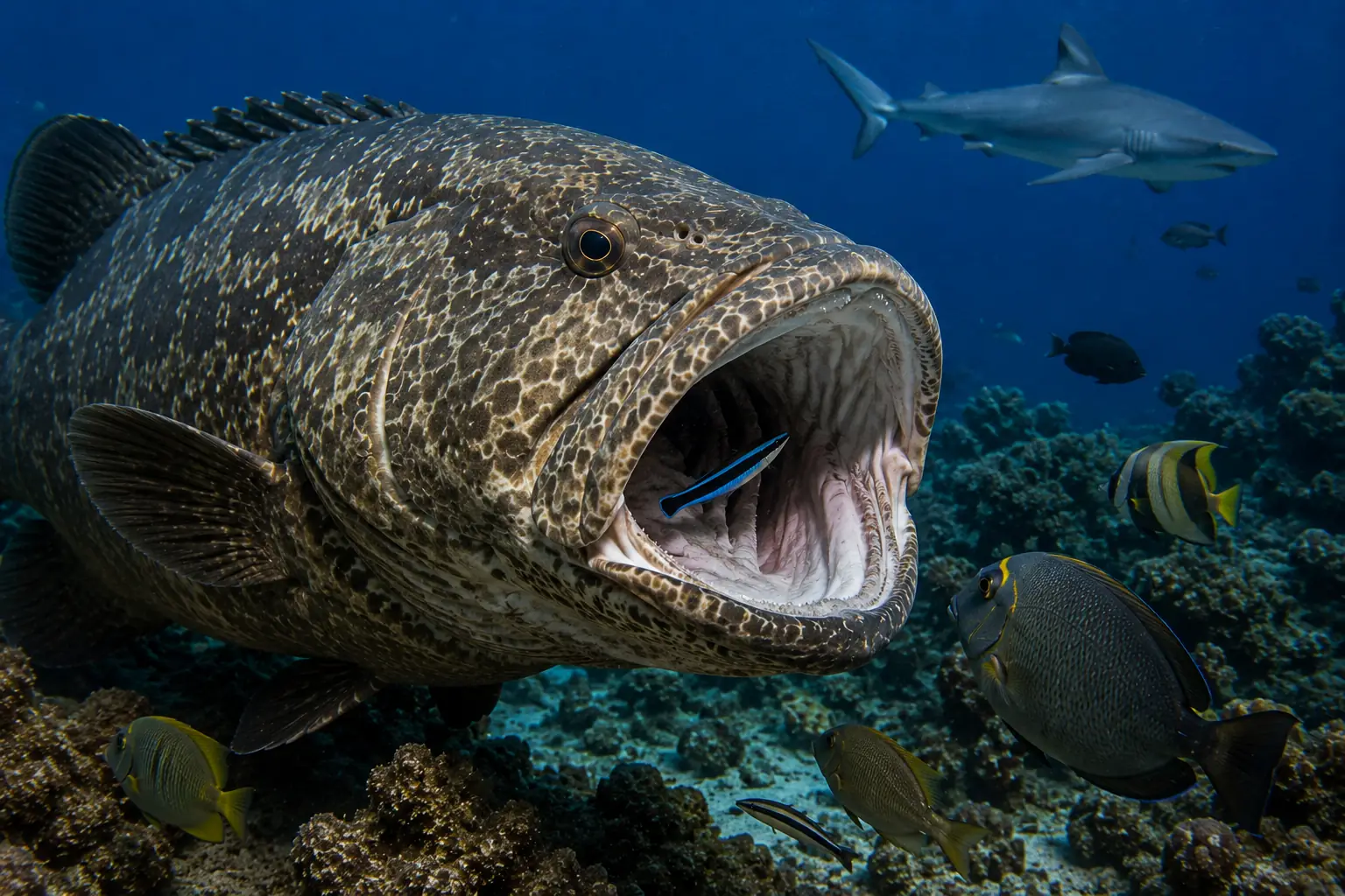 A large predator fish in the soliciting posture at a cleaning station — mouth open, body still, the cleaner wrasse working inside — the extraordinary truce of the reef economy made visible