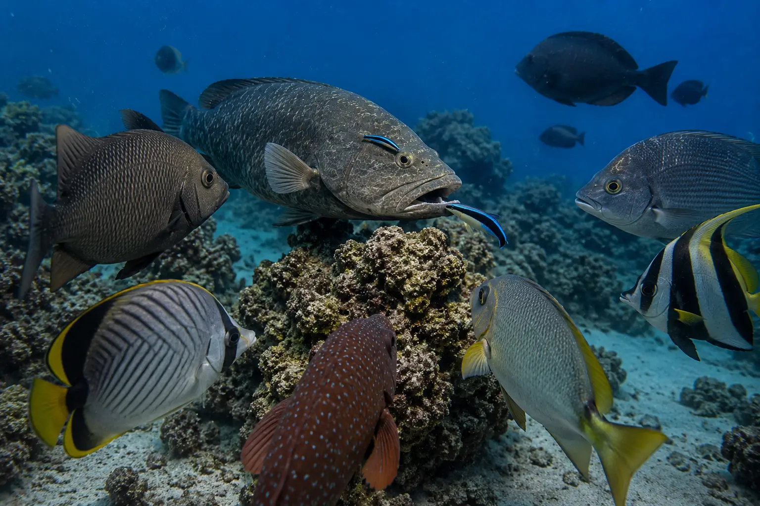 Multiple fish of different species queuing at a reef cleaning station — a large grouper in the foreground with its mouth open in the soliciting posture, smaller fish waiting behind it