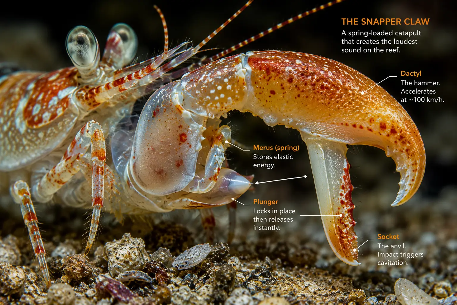 Close-up macro photograph of a snapping shrimp's specialised snapper claw — the asymmetric plunger-and-socket mechanism clearly visible, the enlarged snapper claw disproportionate to the shrimp's body, the dactyl poised above the socket that enables the spring-loaded release